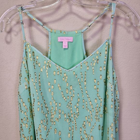 Lilly Pulitzer Dusk Silk Slip Dress Women Mint Gold Metallic Tropical Vacation S - Picture 8 of 16